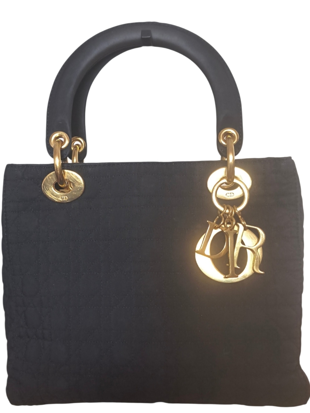 Vintage Christian Dior Lady Dior Black Cannage Tote Gold Charm Bag Medium Sized